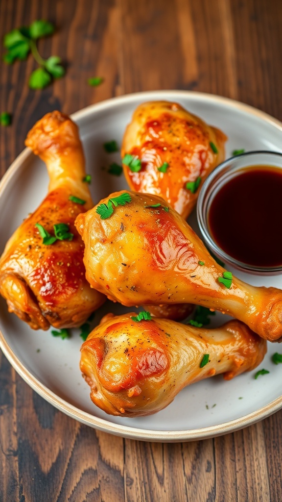 Crispy baked chicken drumsticks on a plate with parsley and dipping sauce on a wooden table.